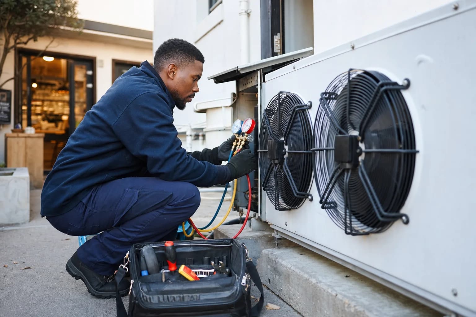 Technician maintaining commercial refrigeration equipment