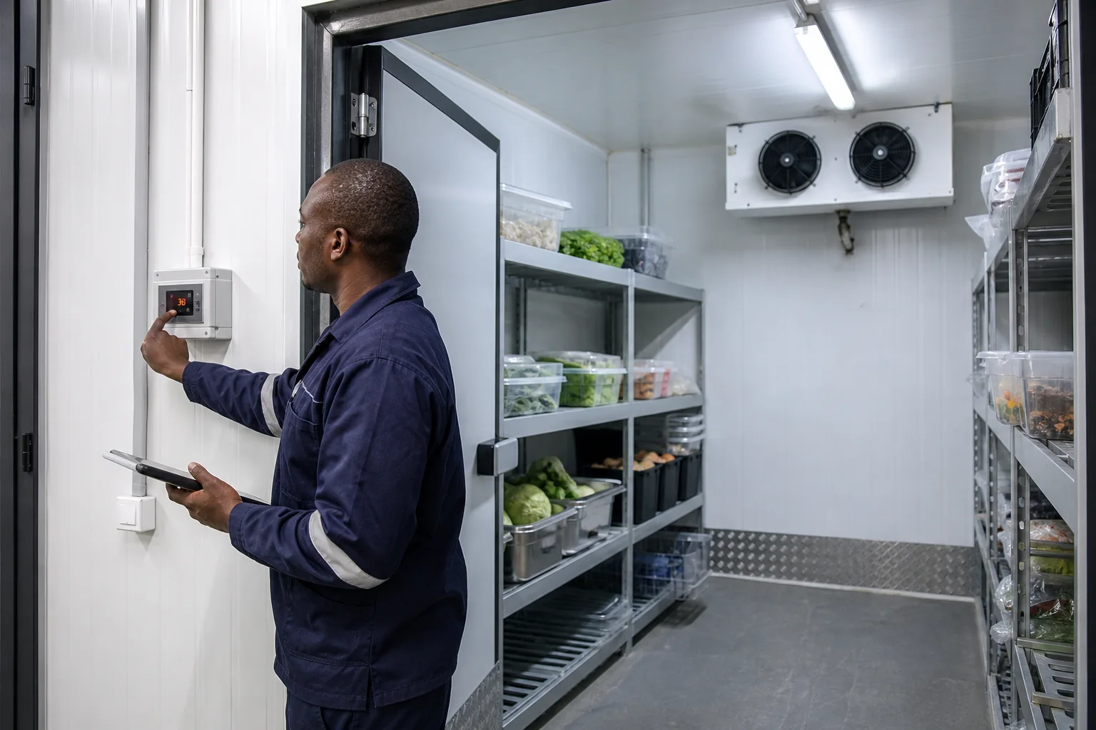 Technician inspecting a walk-in cold room