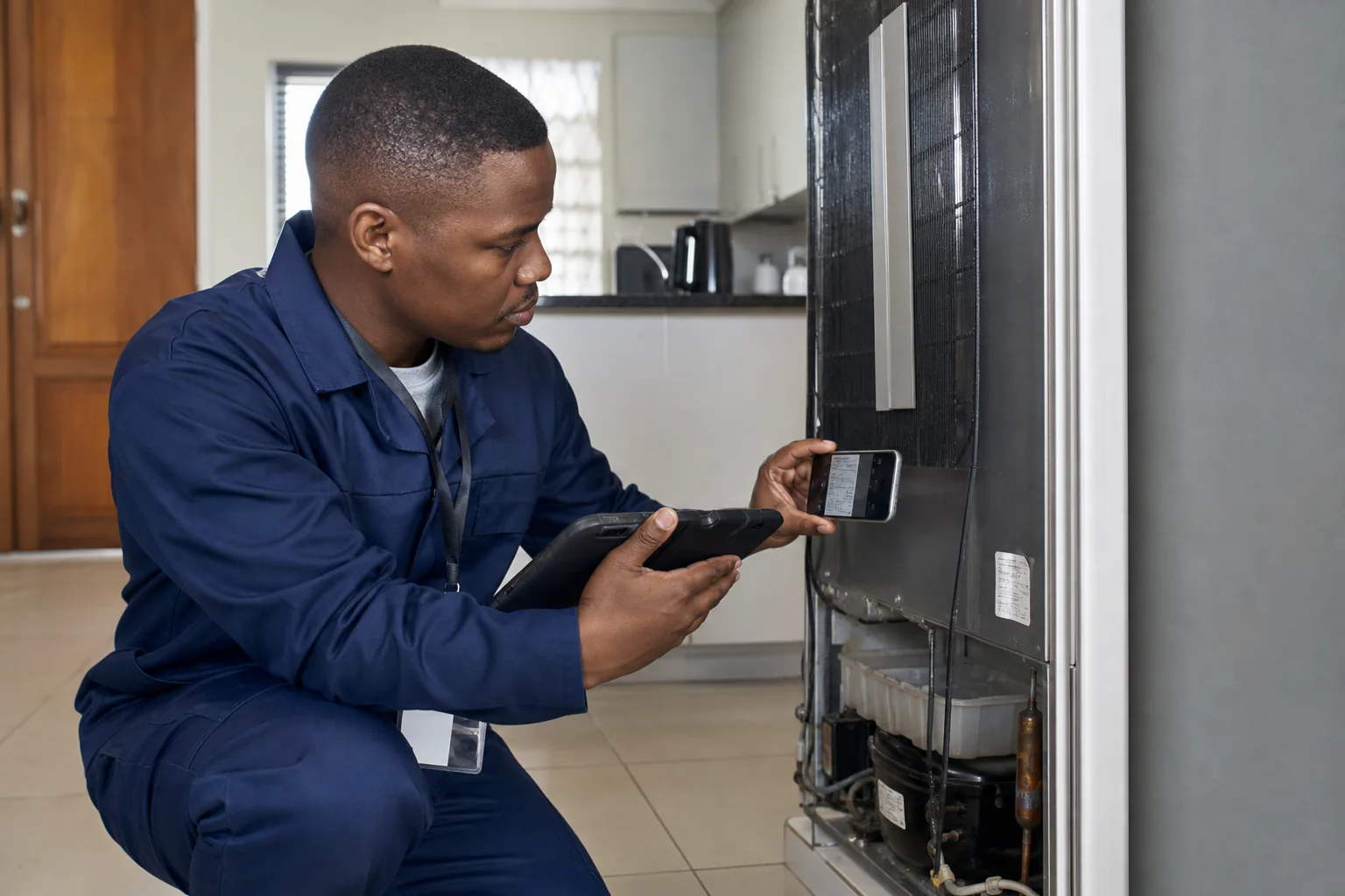 Technician documenting a refrigerator assessment