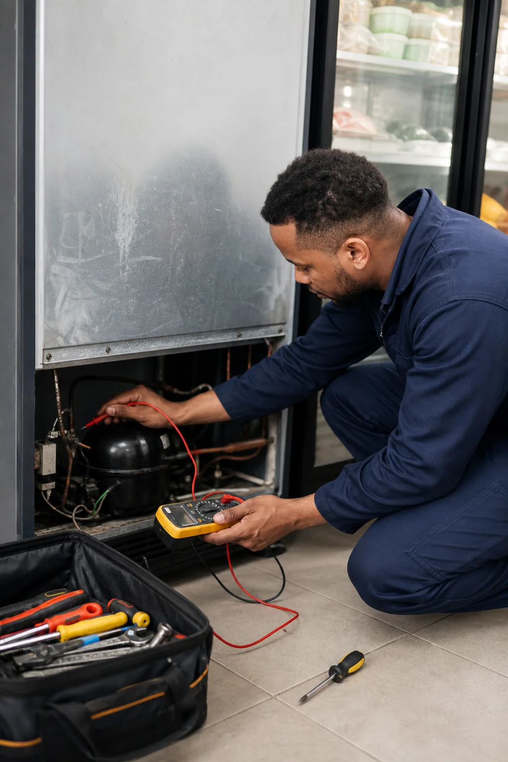 Technician diagnosing a refrigeration compressor